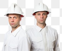 PNG White men wearing white fireman uniforms portrait hardhat helmet.