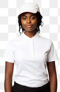 PNG Black woman wearing blank white fast food uniform portrait t-shirt sleeve.