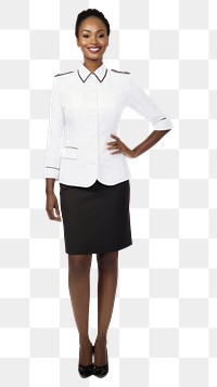 PNG Black woman wearing white cabin crew uniform portrait sleeve skirt.