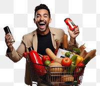 PNG Happy Mexican man holding a shopping basket full of products while he uses a mobile app photography laughing adult