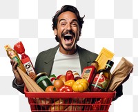 PNG Happy Mexican man holding a shopping basket full of products while he uses a mobile app bottle adult food