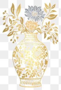 PNG A flower vase in the style of ink folk art-inspired illustrations porcelain pattern gold.