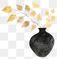 PNG Leaves black vase color in the style of ink folk art-inspired illustrations plant creativity decoration.