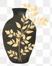 PNG Leaves black vase color in the style of ink folk art-inspired illustrations porcelain pottery white background.