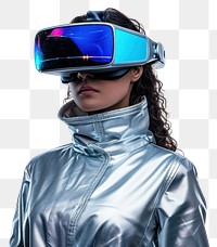PNG  Woman wearing VR glasses with costume futuristic style white background accessories technology.