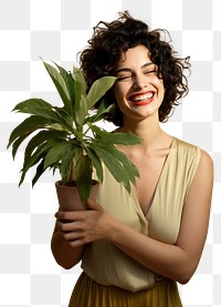 PNG Woman holding houseplant portrait laughing smile.