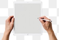 PNG Hand holding a stylus on tablet computer pen white background.