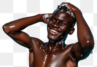 PNG A happy black guy washing hair bathroom bodybuilding happiness.