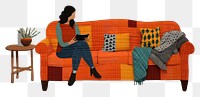 PNG  Woman read book on sofa in living room architecture furniture cushion.