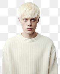 PNG A happy albino man wear cream sweater fashion individuality hairstyle.