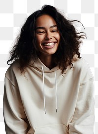 PNG A happy mixed race british woman wear cream hoodie sweatshirt laughing fashion.