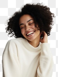 PNG A happy mixed race british woman wear cream sweater laughing adult smile.