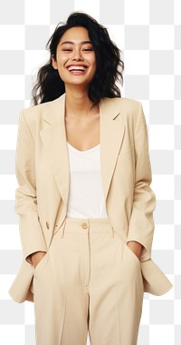 PNG A happy mixed race japanese woman wear cream casual suit laughing fashion blazer.