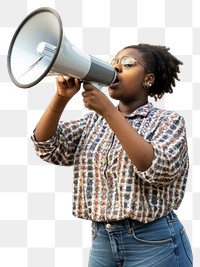 PNG African woman use Megaphone photo white background performance.
