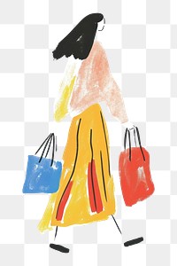 PNG Woman walking enjoy music with shopping painting handbag art.