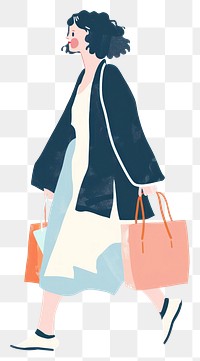 PNG Woman walking enjoy music with shopping handbag white background consumerism.