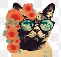 PNG Collage Retro dreamy cat whit flower art collage animal.