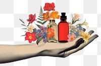 PNG Retro dreamy of hand with medicine cosmetics perfume bottle.