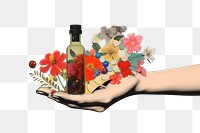 PNG Retro dreamy of hand with medicine flower bottle plant.