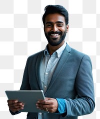 PNG  Indian business man smiling whild holding a tablet computer office adult