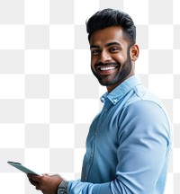 PNG  Indian business man smiling whild holding a tablet office smile adult. AI generated Image by rawpixel.