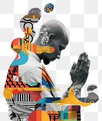 PNG Paper collage of monk praying art poster advertisement.