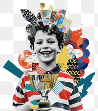 PNG Smiling kid holding trophy portrait collage art.