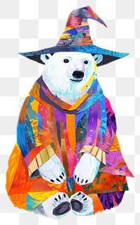 PNG Happy polar bear celebrating Holloween wearing wizard hat art painting drawing.