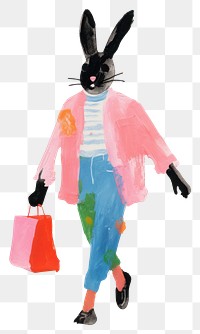 PNG A rabbit carrying a shopping bag painting walking art.