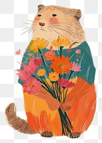 PNG A cat holding a bunch of flowers sitting colorful clothes painting drawing animal.