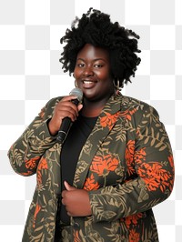 PNG A black chubby woman lecturer holding a microphone portrait smiling adult.