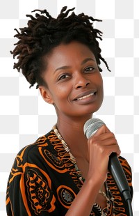 PNG A woman lecturer holding a microphone at waist level portrait smiling adult.