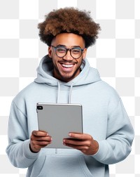 PNG Black man wear glasses and grey hoodie hold clipboard smile computer portrait