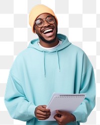 PNG Black man wear glasses and hoodie hold clipboard smile sweatshirt blue.