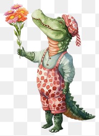 PNG  Crocodile watercolor holding flower art.
