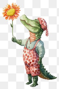 PNG  Crocodile watercolor holding flower representation.