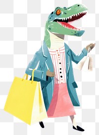 PNG Happy dinosaur enjoy shopping animal bag representation.