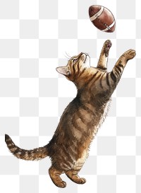 PNG  Cat catching football watercolor mammal animal sports.