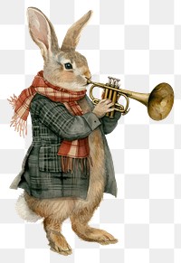 PNG  Rabbit playing trumpet watercolor animal mammal representation