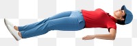 PNG Woman stretching leg sleeping adult white background.