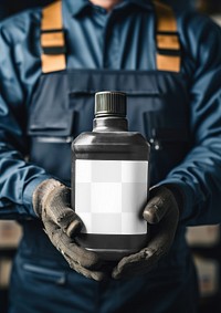 Engine oil canister label png product mockup, transparent design
