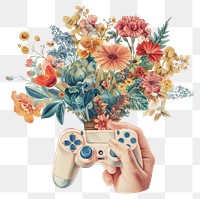 PNG  Hand holding joystick gaming flower painting pattern.