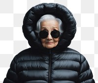 PNG Old woman wearing an black oversized puffer jacket hood portrait photo.
