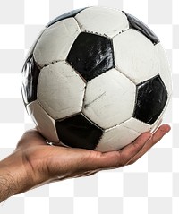PNG Hand holdding big soccer football sports white background.