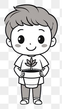 PNG Kid holding potted plant cartoon drawing sketch.