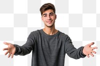 PNG Young handsome caucasian man over isolated background extending hands to the side for inviting to come portrait smile photo.