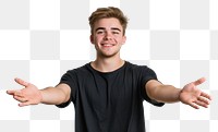 PNG Young handsome caucasian man over isolated background extending hands to the side for inviting to come portrait smile photo.