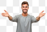PNG Young handsome caucasian man over isolated background extending hands to the side for inviting to come t-shirt smile adult.