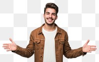 PNG Young handsome caucasian man over isolated background extending hands to the side for inviting to come portrait jacket smile.