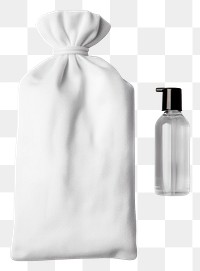 PNG Blank white cotton flat drawstring pouch and travel size soap bottle put on basin in the hotel bathroom bag simplicity container.